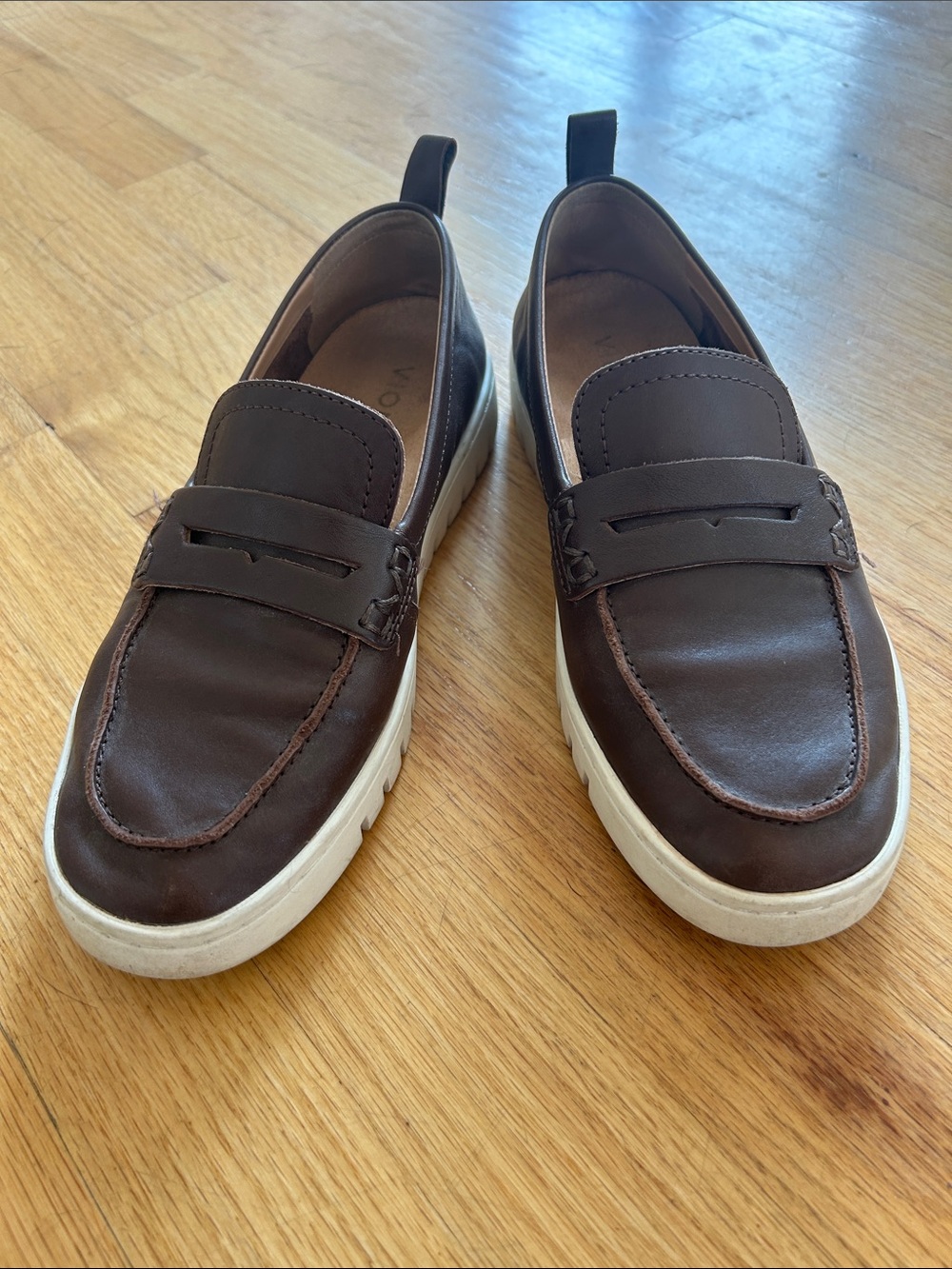 Vionic Women’s Brown Leather Slip-On Penny Loafers with White Sole